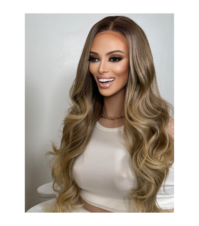 Toasted Multi-Tonal Wheaty Blonde Balayage Free Part Human Hair Blend Lace Wig, Brown