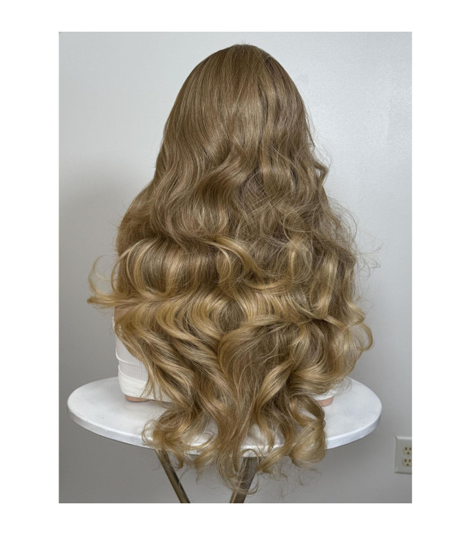 Toasted Multi-Tonal Wheaty Blonde Balayage Free Part Human Hair Blend Lace Wig, Brown
