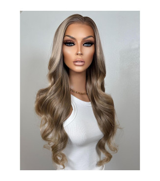 Dark Sandy Blonde w/ Soft Shadow Root Melt Wavy Human Hair Blend Wig, 22 Long Layered