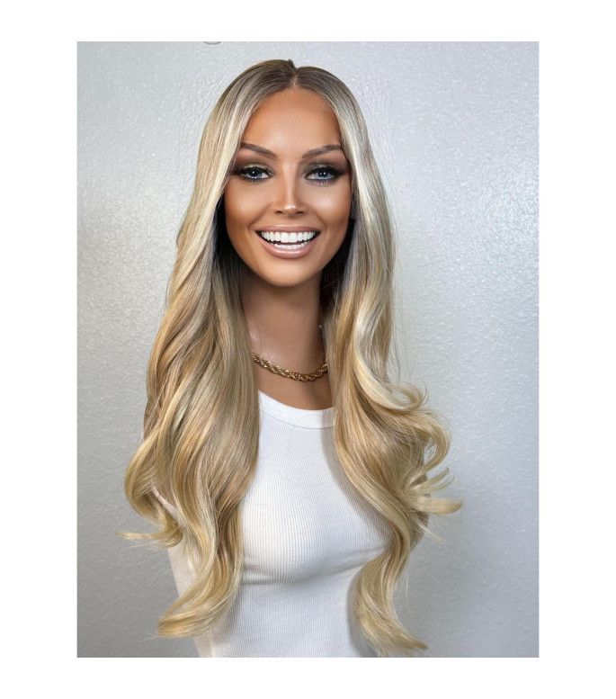 Baby Blonde Human Hair Blend Balayage Rooty Wavy Wig | Classic Long Hairstyle | HD