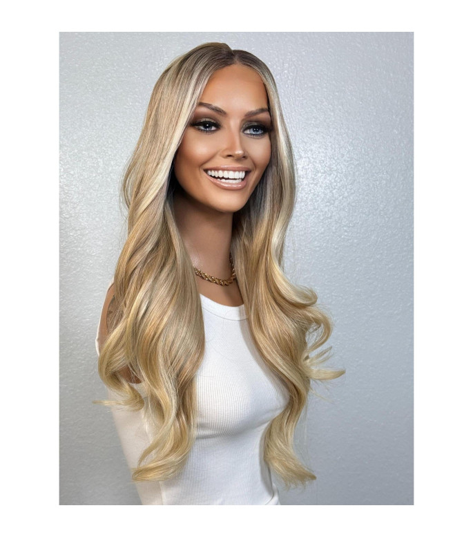 Baby Blonde Human Hair Blend Balayage Rooty Wavy Wig | Classic Long Hairstyle | HD