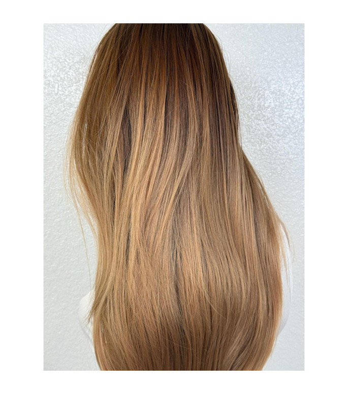 Sandy Blonde Rooty Human Hair Blend Wig with Bangs, Warm Ginger Roots Wig, No Lace Full