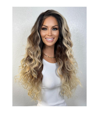 Warm Buttery Blonde Human Hair Blend Lace Front Wig, Balayage Ombr Wig, 22 inch Wavy Root