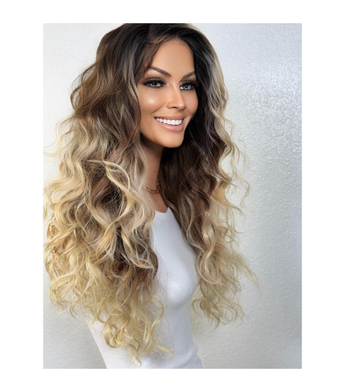 Warm Buttery Blonde Human Hair Blend Lace Front Wig, Balayage Ombr Wig, 22 inch Wavy Root