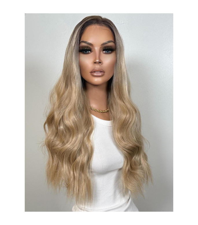Summer Golden Blonde Human Hair Blend Wig, Rooty Ombre Premium Wig, 13x6 Free Part Wig