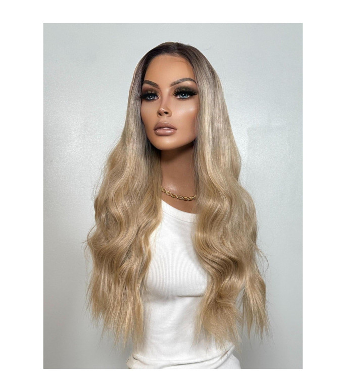 Summer Golden Blonde Human Hair Blend Wig, Rooty Ombre Premium Wig, 13x6 Free Part Wig