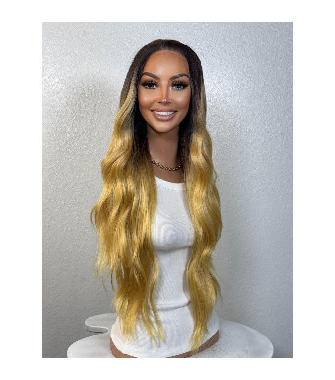 Golden Honey Blonde Rooty Ombre Wavy Human Hair Blend Lace Front Wig, 13x6 Free Parting