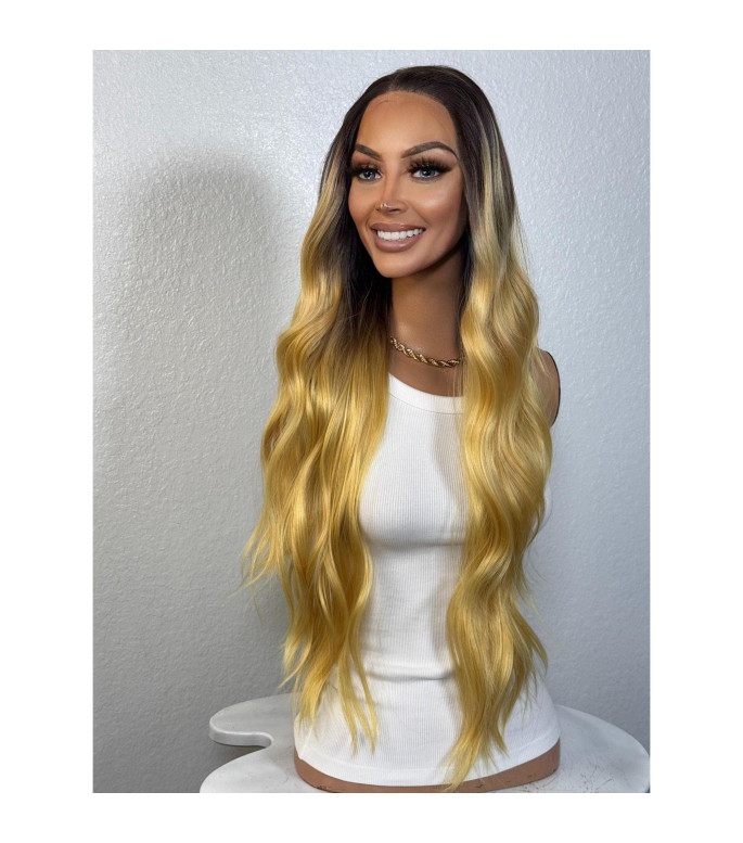 Golden Honey Blonde Rooty Ombre Wavy Human Hair Blend Lace Front Wig, 13x6 Free Parting