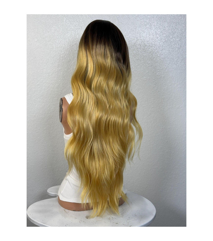 Golden Honey Blonde Rooty Ombre Wavy Human Hair Blend Lace Front Wig, 13x6 Free Parting