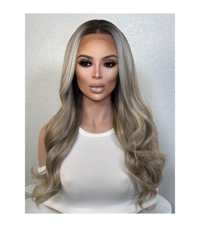 Smoky Ash Blonde Human Hair Blend w/ Icy Money Piece Wig, Balayage Blond Wavy Wig, 13x4