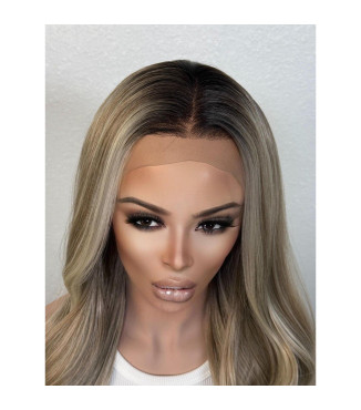 Smoky Ash Blonde Human Hair Blend w/ Icy Money Piece Wig, Balayage Blond Wavy Wig, 13x4