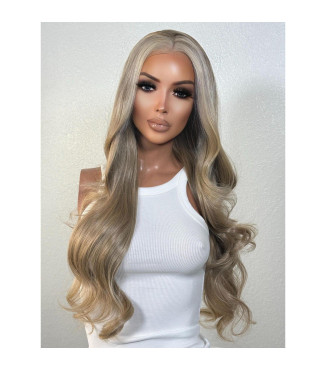 Dimensional Creamy Beige Human Hair Blend Wig, Blonde Hair Wig, 13x4 Free Part Frontal HD