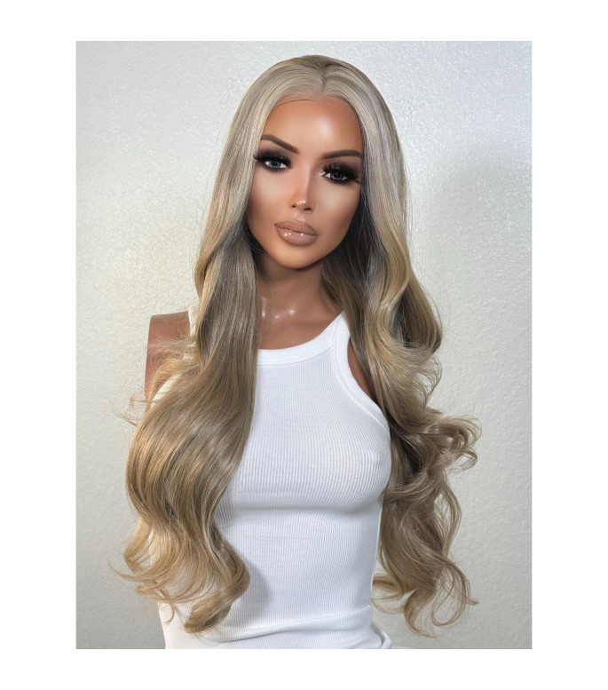Dimensional Creamy Beige Human Hair Blend Wig, Blonde Hair Wig, 13x4 Free Part Frontal HD
