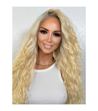 Swedish Blonde Human Hair Blend Lace Frontal Wig, Ombre Roots, HD Invisible Lace Front