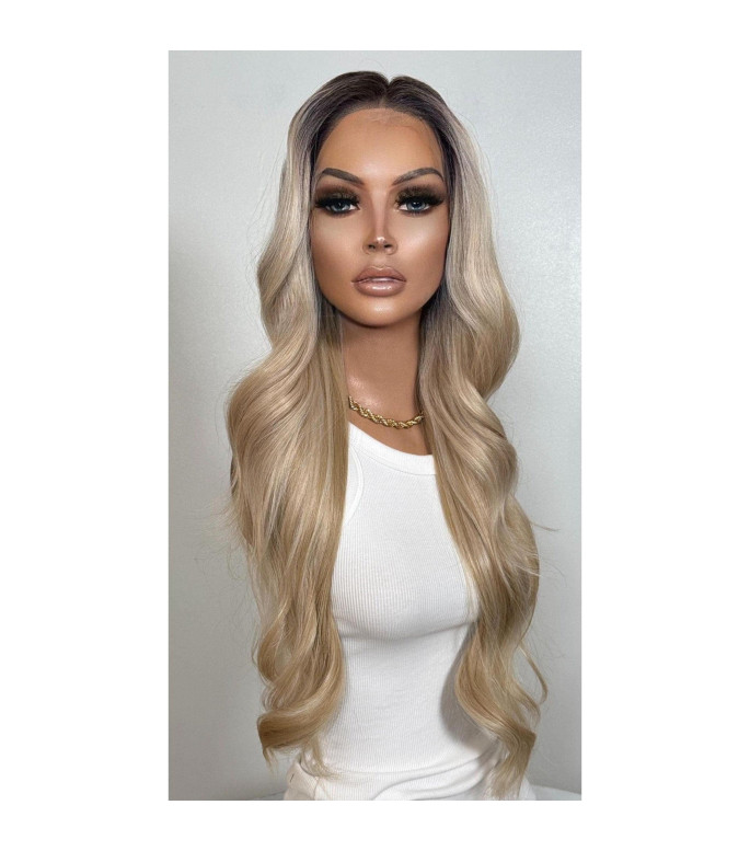 Creamy Vanilla Beige Blonde Human Hair Blend Lace Frontal Wig, Rooted Ombre Wig, 13x6