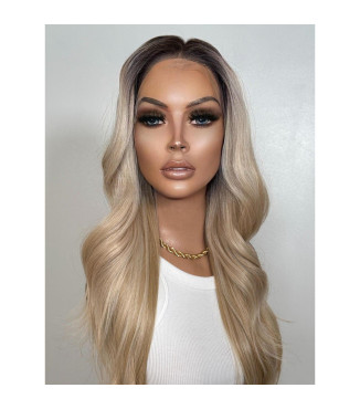 Creamy Vanilla Beige Blonde Human Hair Blend Lace Frontal Wig, Rooted Ombre Wig, 13x6