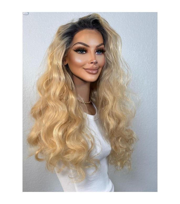 90s Baywatch Human Hair Blend Wig, Pam Anderson-Style Natural Blonde Hair Wig, Wavy Ombre