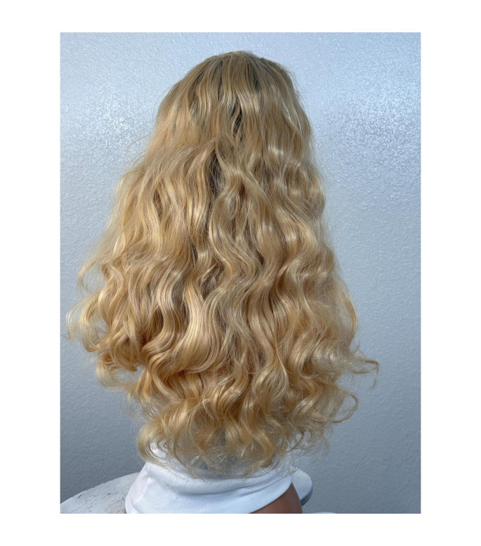 90s Baywatch Human Hair Blend Wig, Pam Anderson-Style Natural Blonde Hair Wig, Wavy Ombre