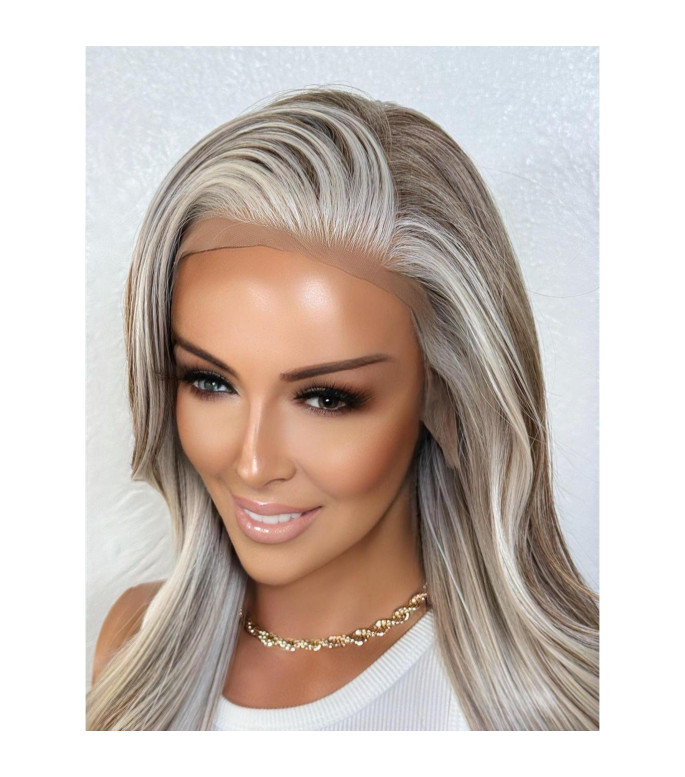 Platinum Ash Blonde Brown Balayage Mix Human Hair Blend Lace Front Wig