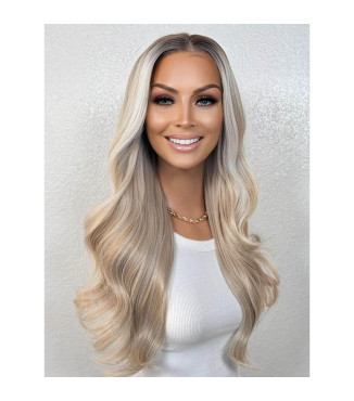 Lightest Blonde Human Hair Blend Cool Undertones Natural Shadow Root Lace Frontal Wig