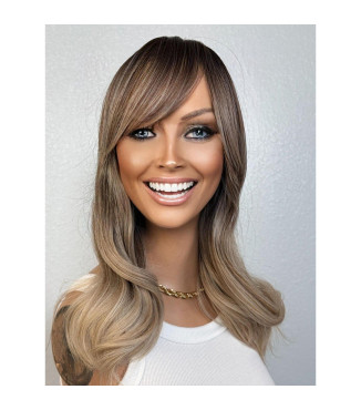Ashy Light Blonde Human Hair Blend Wig, Ombre Wig with Full Bangs, Smoky Taupe Melt