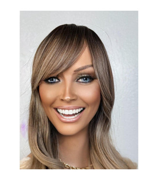 Ashy Light Blonde Human Hair Blend Wig, Ombre Wig with Full Bangs, Smoky Taupe Melt