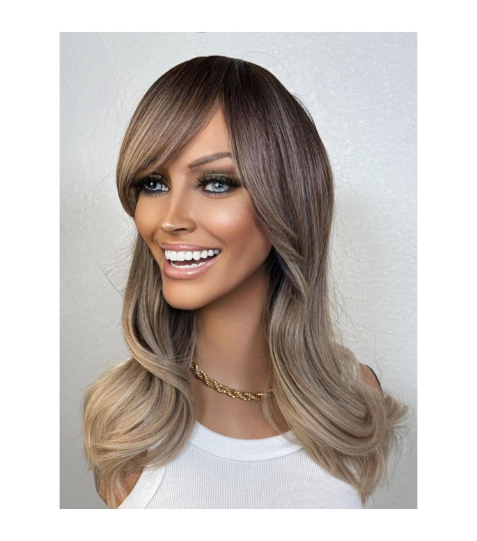 Ashy Light Blonde Human Hair Blend Wig, Ombre Wig with Full Bangs, Smoky Taupe Melt