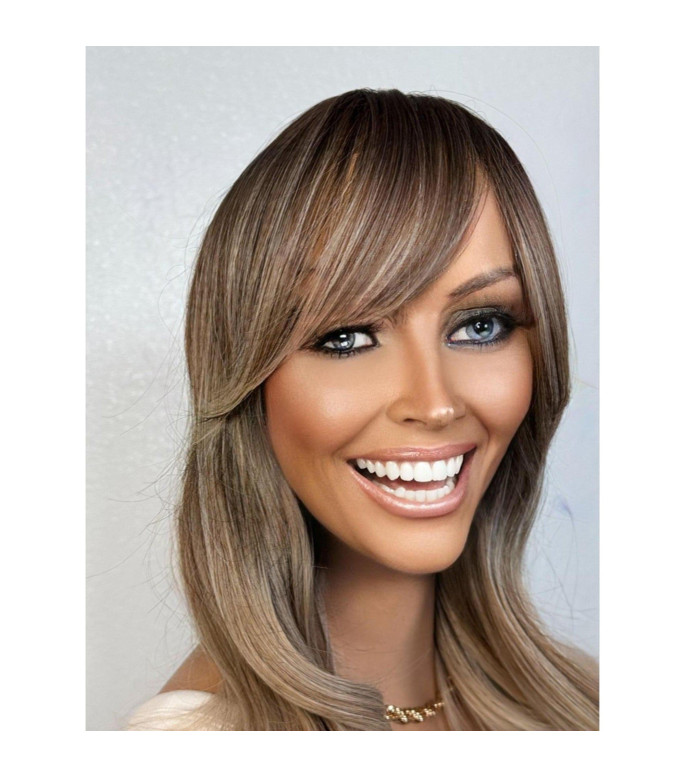 Ashy Light Blonde Human Hair Blend Wig, Ombre Wig with Full Bangs, Smoky Taupe Melt