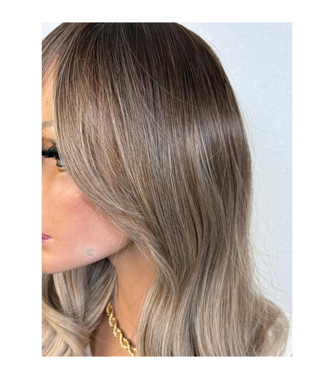 Ashy Light Blonde Human Hair Blend Wig, Ombre Wig with Full Bangs, Smoky Taupe Melt