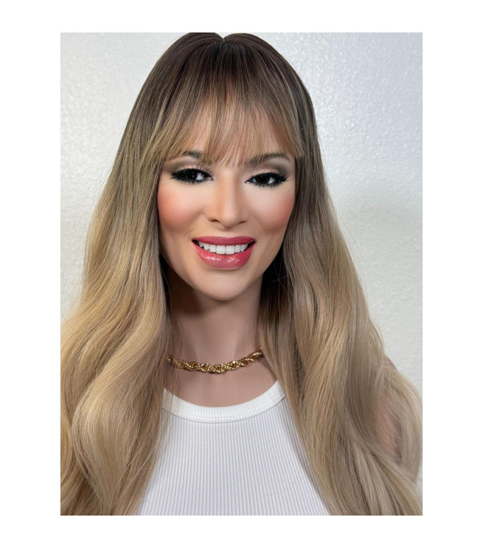 Natural Ash Blonde Human Hair Blend Wig, Dark Root Smudge Round Brush Curl Wig With Full