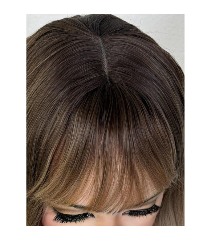Natural Ash Blonde Human Hair Blend Wig, Dark Root Smudge Round Brush Curl Wig With Full