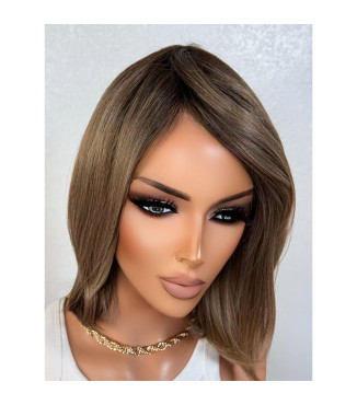 Dark Sandy Blonde Human Hair Blend Wig, Short Bob with Bangs Natural Black Rooting Wig