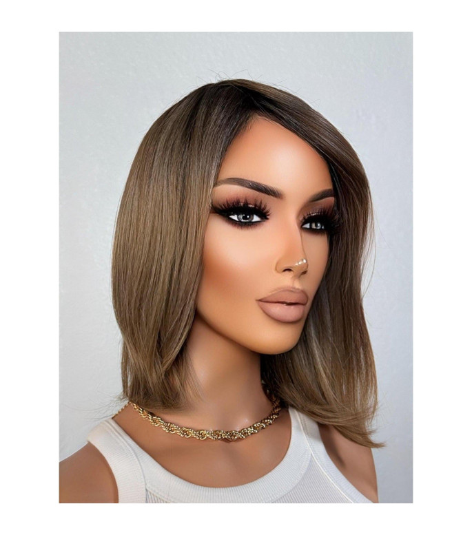 Dark Sandy Blonde Human Hair Blend Wig, Short Bob with Bangs Natural Black Rooting Wig