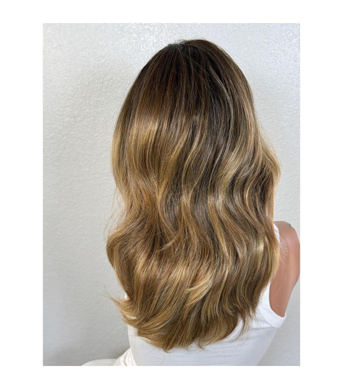 Wheaty Honey Warm Blonde Human Hair Blend Wig, Balayage Ombr Wig, Flipped Round Brush