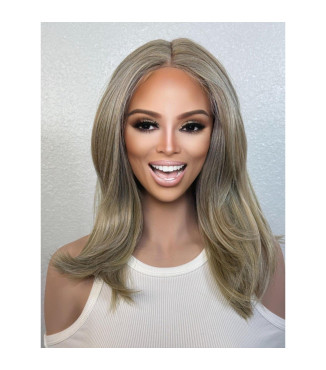 Ash Blonde Light Platinum Human Hair Blend Wig, Balayage Mix Wig, Low Maintenance Lob