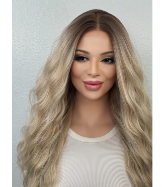 Creamy Mixed Blonde Human Hair Blend Wig, Long Hair Wig With Dark Roots / 26 Inch Mixed