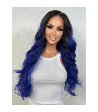 Royal Galaxy Blue Dark Ombr Roots Top Lace Wig, Swiss Lace Front Free Part Wig, Blue