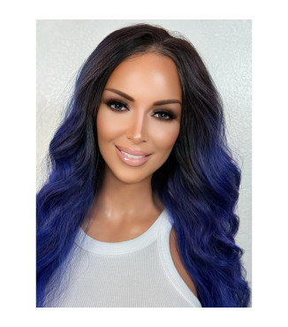 Royal Galaxy Blue Dark Ombr Roots Top Lace Wig, Swiss Lace Front Free Part Wig, Blue
