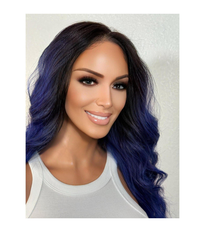 Royal Galaxy Blue Dark Ombr Roots Top Lace Wig, Swiss Lace Front Free Part Wig, Blue