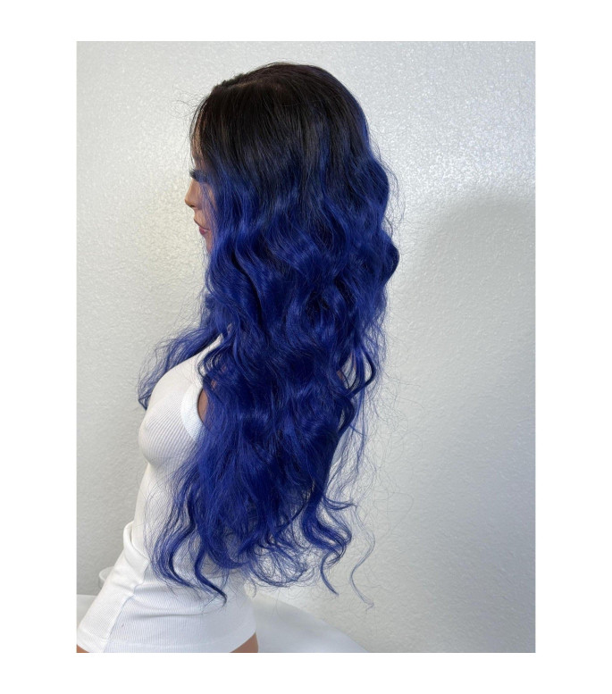Royal Galaxy Blue Dark Ombr Roots Top Lace Wig, Swiss Lace Front Free Part Wig, Blue