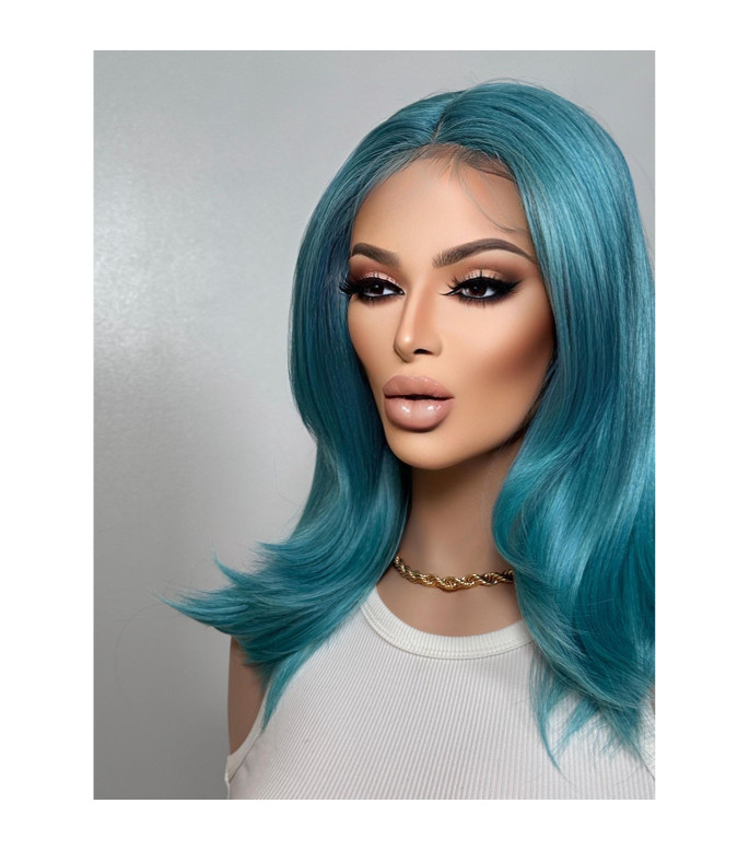 Ocean Teal Blue Softly Flipped Straight Hair Wig