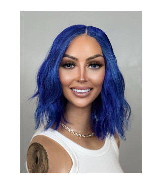 Royal Blue Wig, Blue Money Piece Highlights Short Wavy Bob Middle Part Lace Front Wig