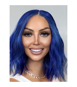 Royal Blue Wig, Blue Money Piece Highlights Short Wavy Bob Middle Part Lace Front Wig