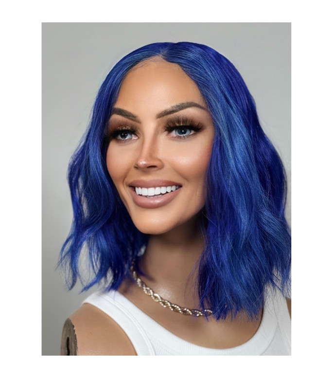 Royal Blue Wig, Blue Money Piece Highlights Short Wavy Bob Middle Part Lace Front Wig