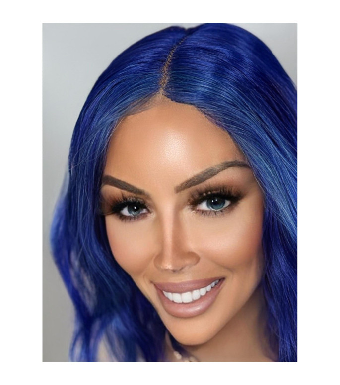 Royal Blue Wig, Blue Money Piece Highlights Short Wavy Bob Middle Part Lace Front Wig