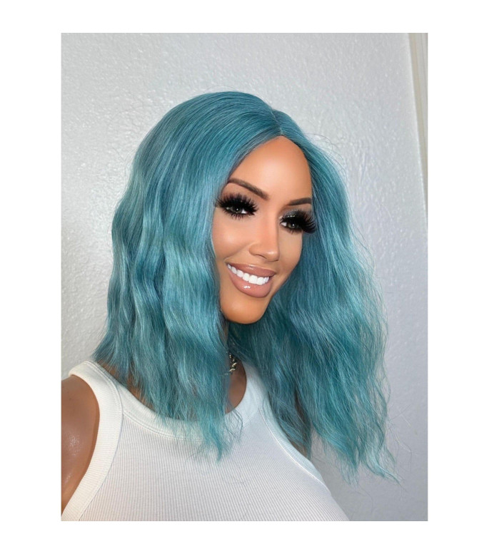 Ocean Blue Wig, Short Wavy 12 Wig, Mermaid Sea Urchin Style, Blue Sea Goddess Middle Part