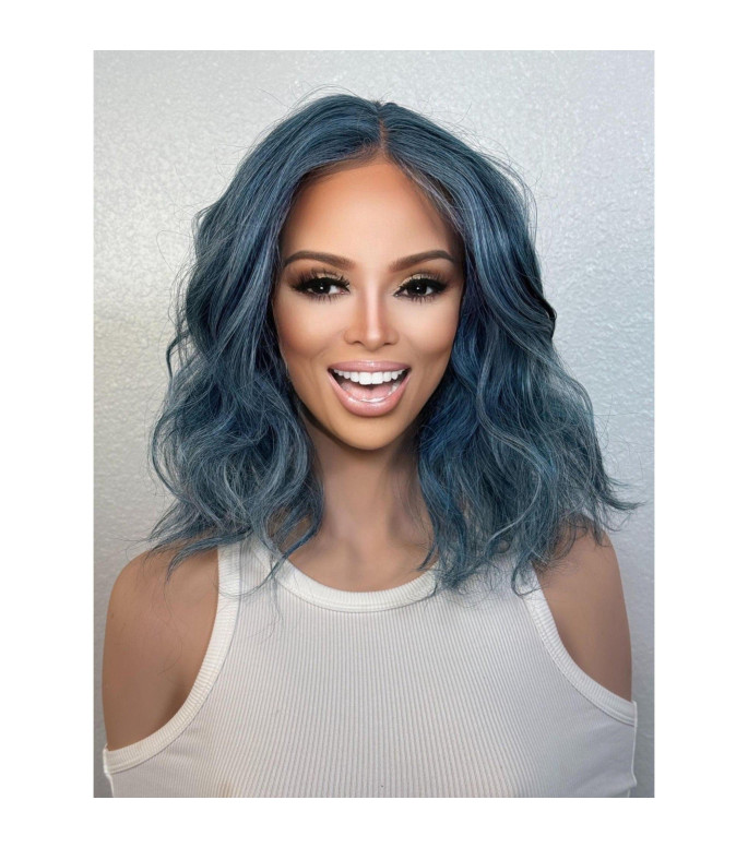 Emperor Blue Short Wavy Lace Front Wig, 12 Multi-Dimensional Lowlight Winter White Mixed