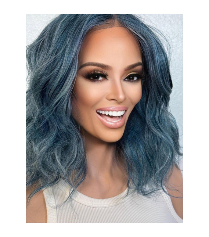 Emperor Blue Short Wavy Lace Front Wig, 12 Multi-Dimensional Lowlight Winter White Mixed
