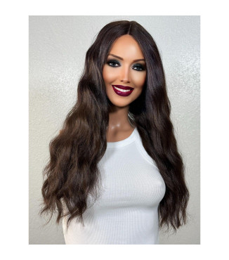 Dark Chocolate Brunette Brown Human Hair Blend Wig, Soft Dominican Textured Wide Crimp