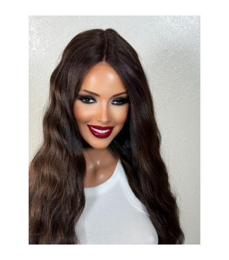 Dark Chocolate Brunette Brown Human Hair Blend Wig, Soft Dominican Textured Wide Crimp